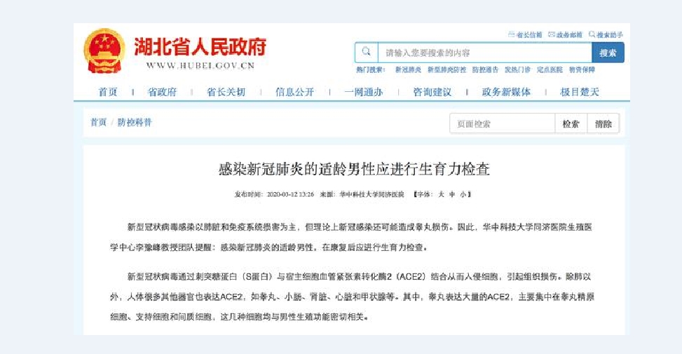 湖北省政府：感染新冠肺炎的適齡男性應(yīng)進行生育力檢查